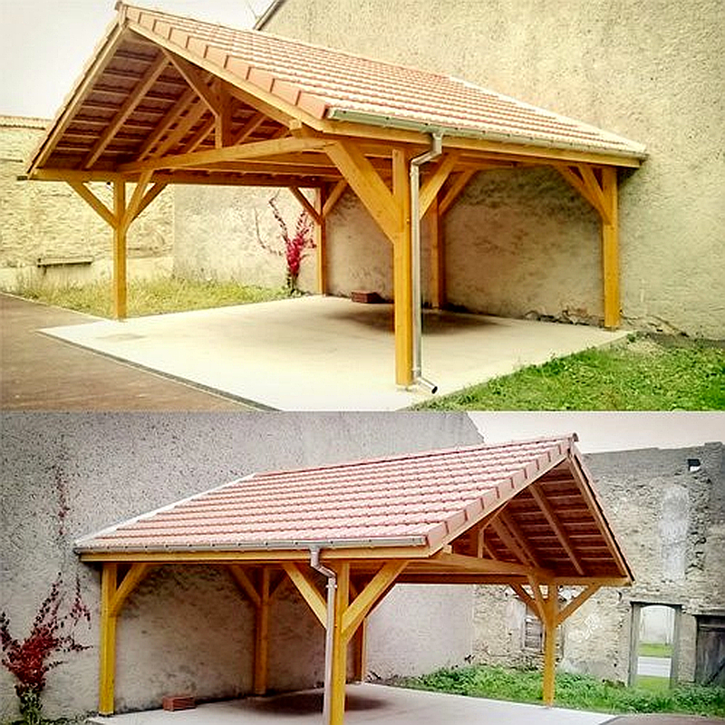 Carport de madera con postes frontales desplazados Karibu